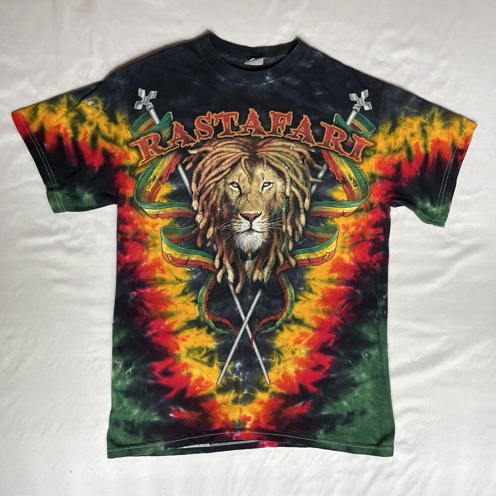 Y2K Rastafari Men T Shirt M Medium Yellow Red Tie Dye Lion Reggae Jamaica Delta